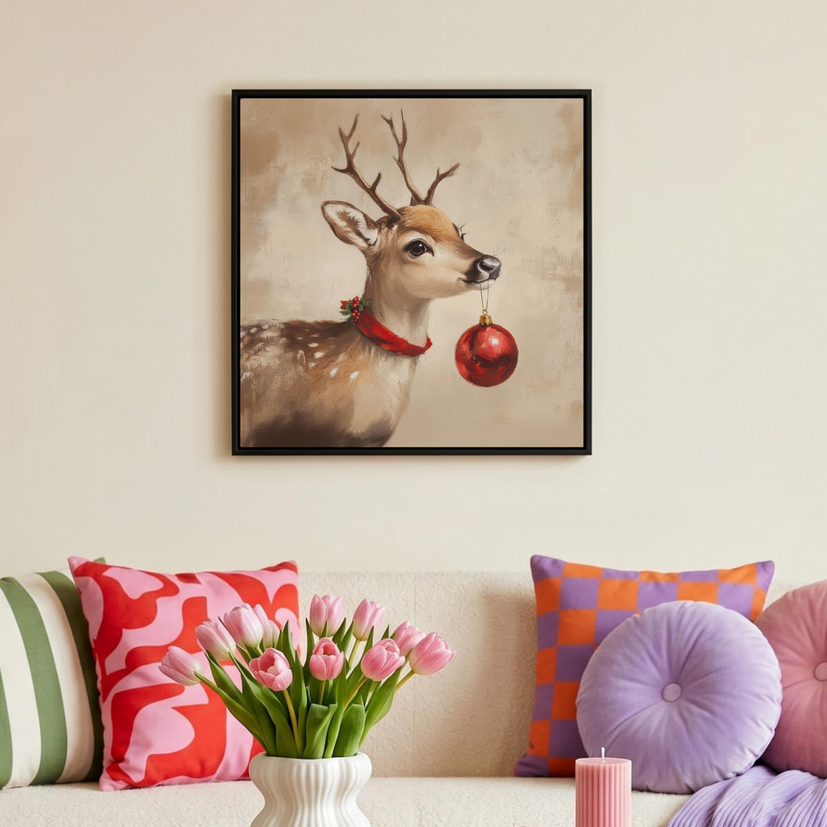 LEINWAND Bilder mit Rahmen - Weihnachten - Hirsch - Geweih - Weihnachtskugel - Rentier - 50x50 - Hellbraun, Textil (50/50cm) - MuchoWow