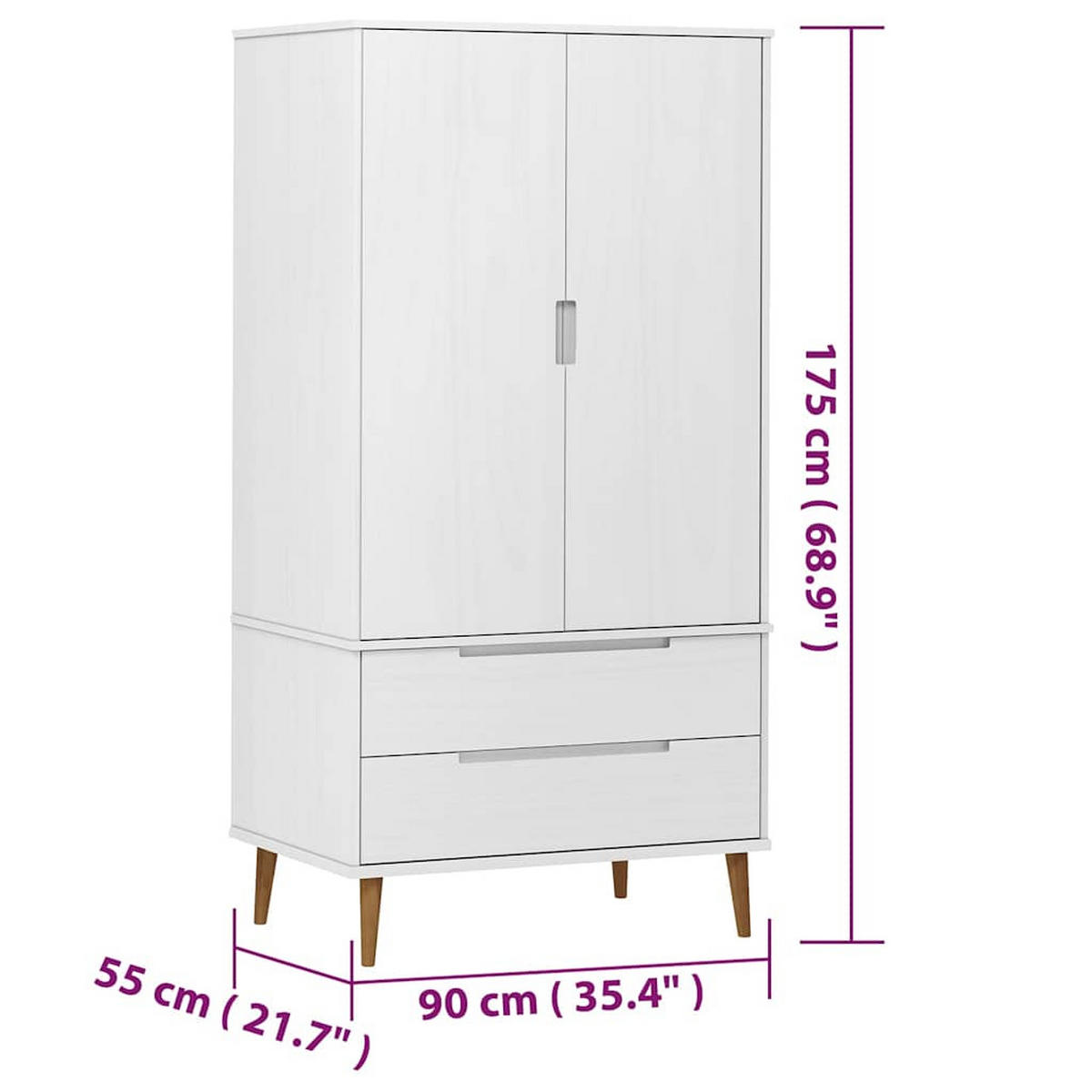 KLEIDERSCHRANK Molde Weiss 90/55/175 Cm Massivholz Kiefer - Weiß, Holz (55/175/90cm) - vidaXL