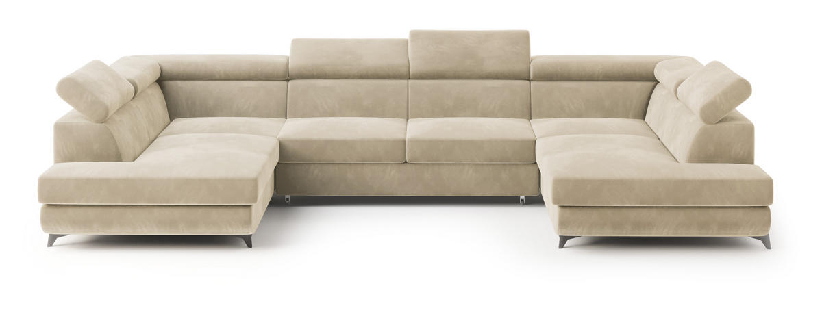 WOHNLANDSCHAFT VINTESSA Creme Velours-Stoff mit Schlaffunktion - Creme, Holz (323/89/190cm) - MASSENO