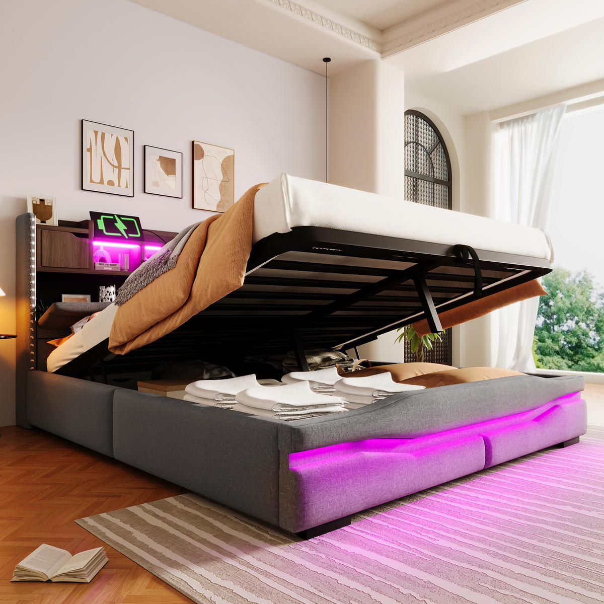POLSTERBETT 160x200cm Grau USB-C LED-Licht Kopfteil Hydraulik - Grau, Holz (160/200cm) - FLIEKS