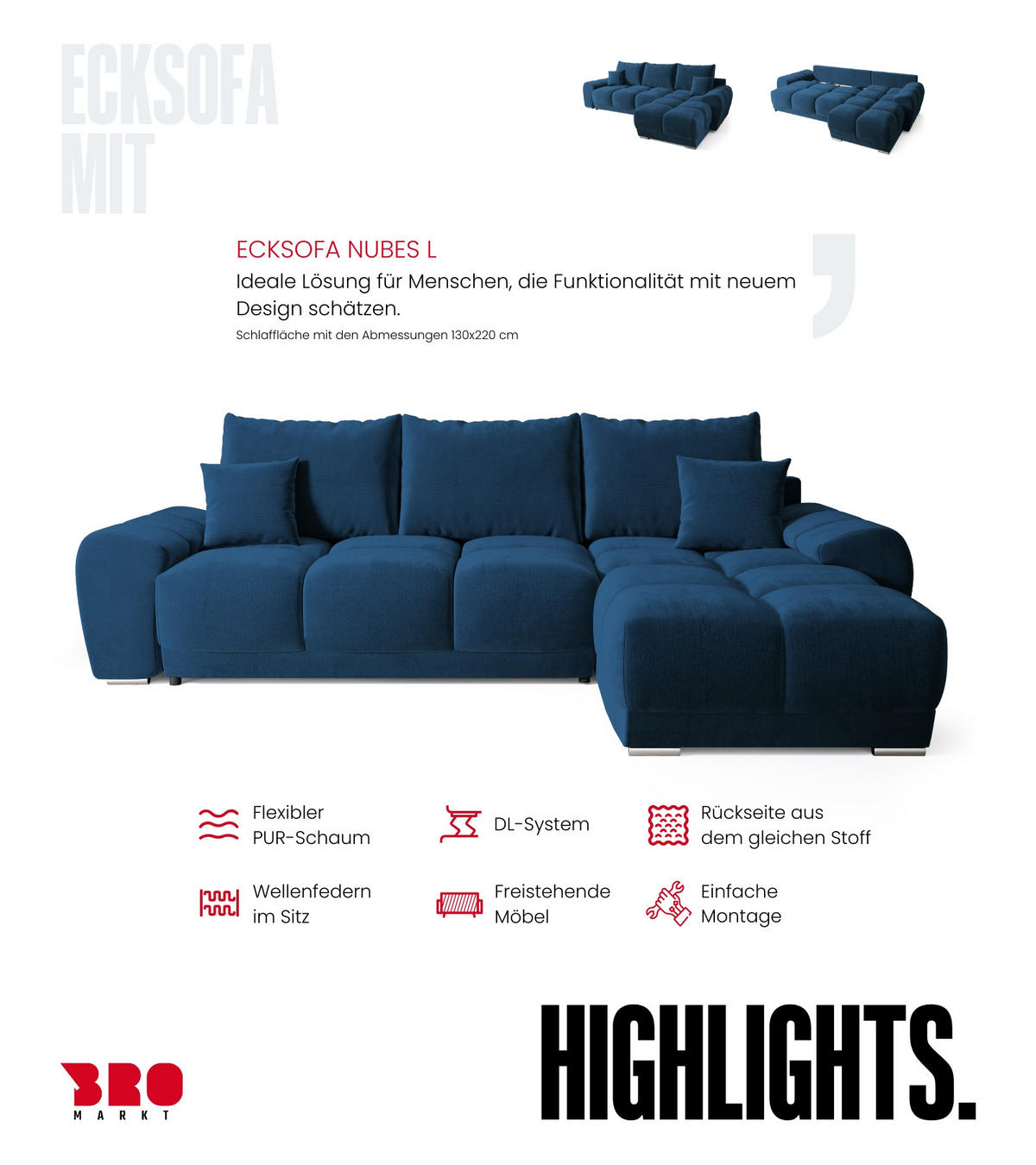 ECKSOFA Nubes mit Schlaffunktion Blau - Blau/Silberfarben, Kunststoff/Textil (290/180cm) - Bromarkt