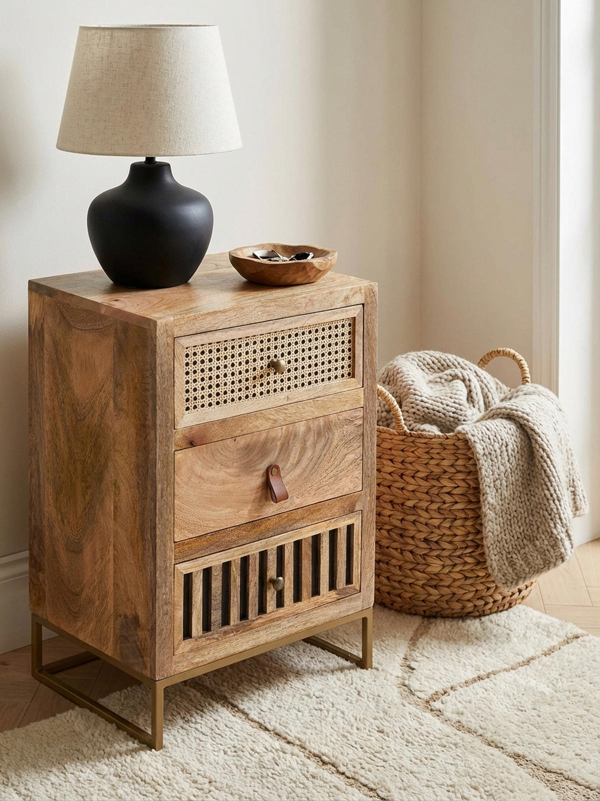 NACHTTISCH – Mango Massivholz/Rattan, 3 Schubladen, für Boxspringbett - Goldfarben/Braun, Holz/Metall (40/60/30cm) - KADIMA DESIGN