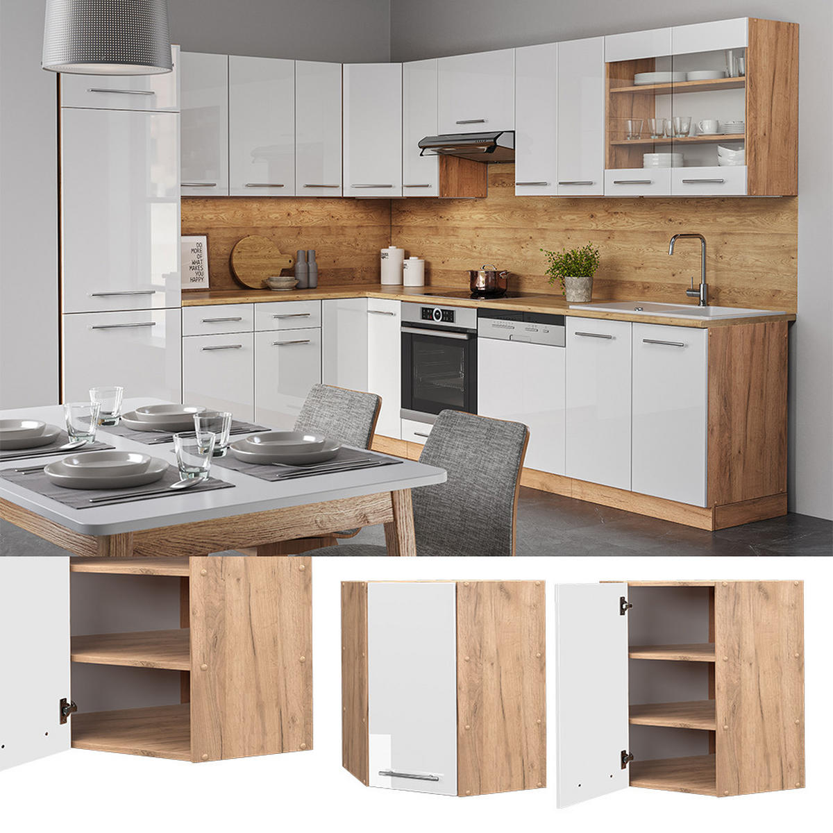 ECKHÄNGESCHRANK Fame-Line Weiß Hochglanz 57 cm - Honigeiche/Weiß Hochglanz, Holzwerkstoff (57/72/34.1cm) - Vicco