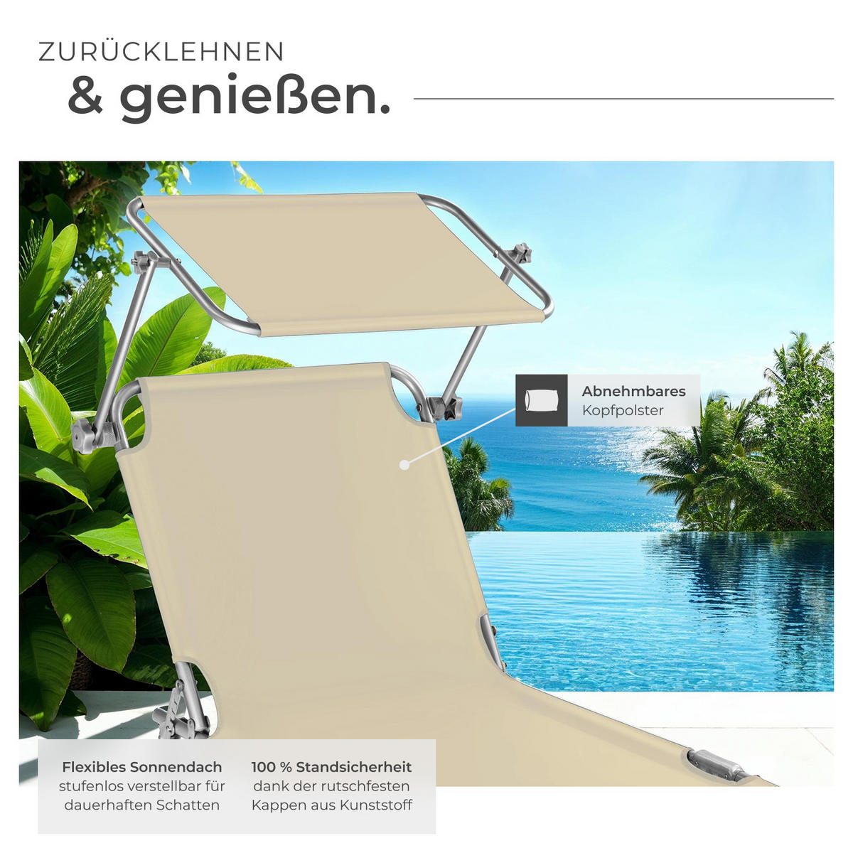 GARTENLIEGE Chloé,190 x 68 x 65 cm,beige - Beige, Kunststoff (68/65/190cm) - tectake