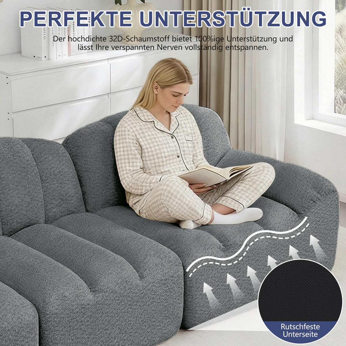 3-SITZER SOFA aus granuliertem Fleece, frameless Lounge-Design ohne Montage - Grau, Textil (288/79/104cm) - Urban Meuble