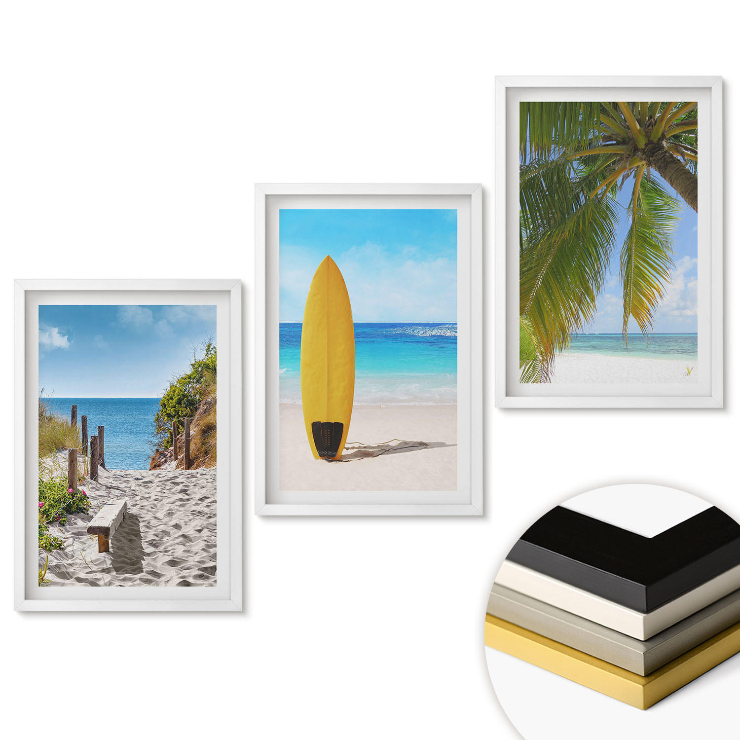 WANDBILDER 3er-Set - 40x60 cm Weißer Rahmen - Urlaubsstrände, Wellen, Palmen - Weiß, Kunststoff (40/60cm) - ArtPrintCave