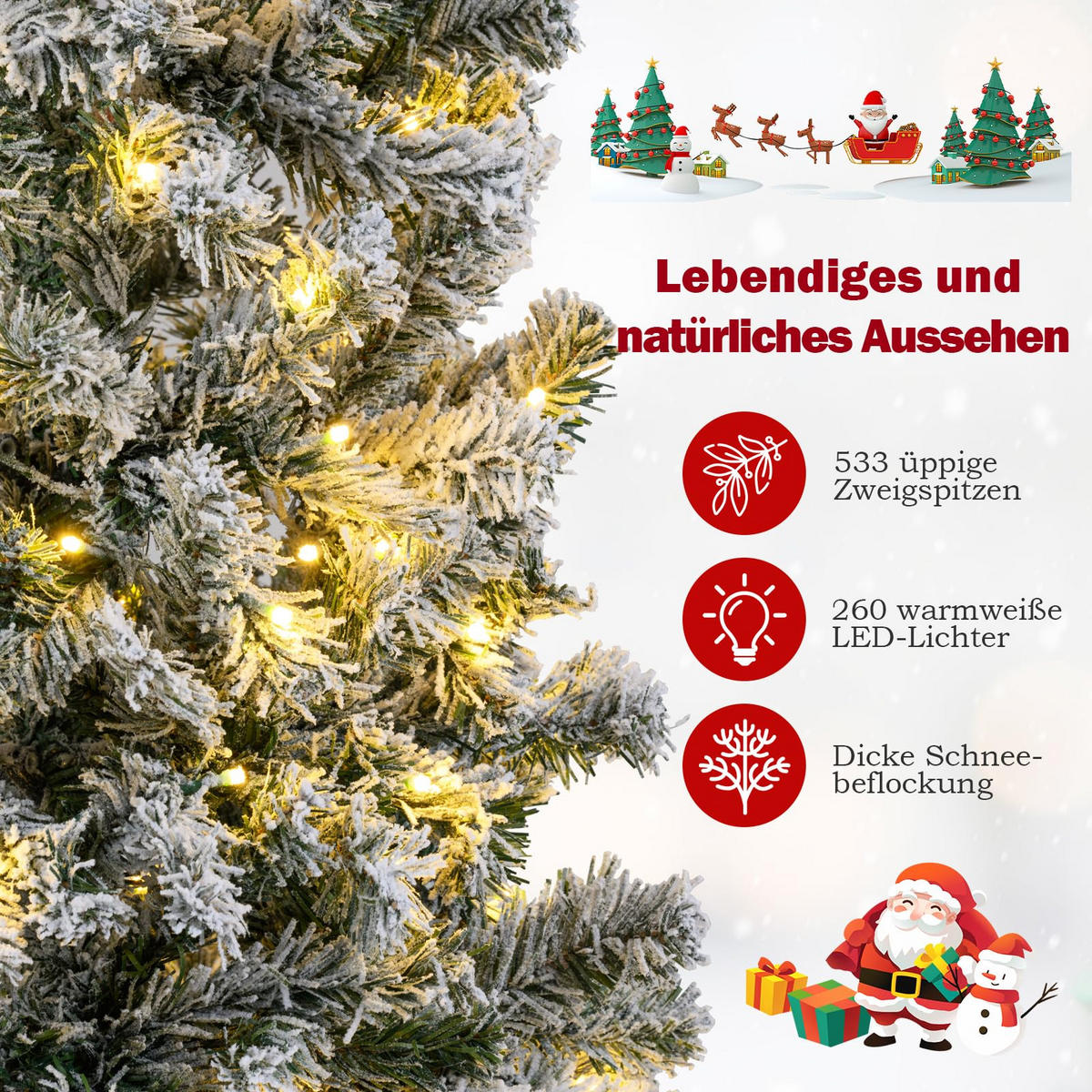 WEIHNACHTSBAUM mit Beleuchtung und Schnee 180 cm grün - Grün, Metall (180cm) - COSTWAY