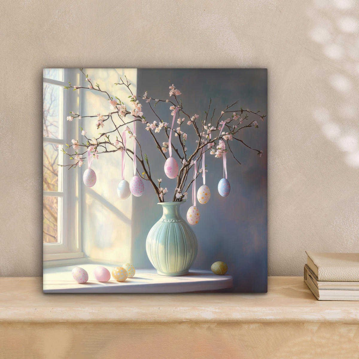 LEINWANDBILD Stillleben - Vase - Osterzweig Deko Wohnzimmer 20x20 cm - Hellblau, Textil (20/20cm) - MuchoWow