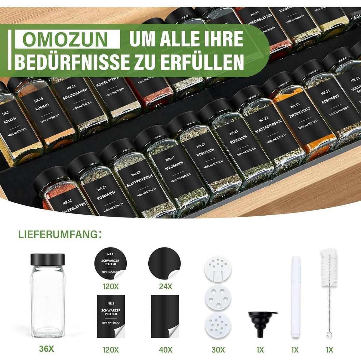 GEWÜRZGLÄSER 36er Set 120ml Glas mit Streueinsatz und Etiketten - Schwarz, Glas (4.5/10.5/4.5cm)