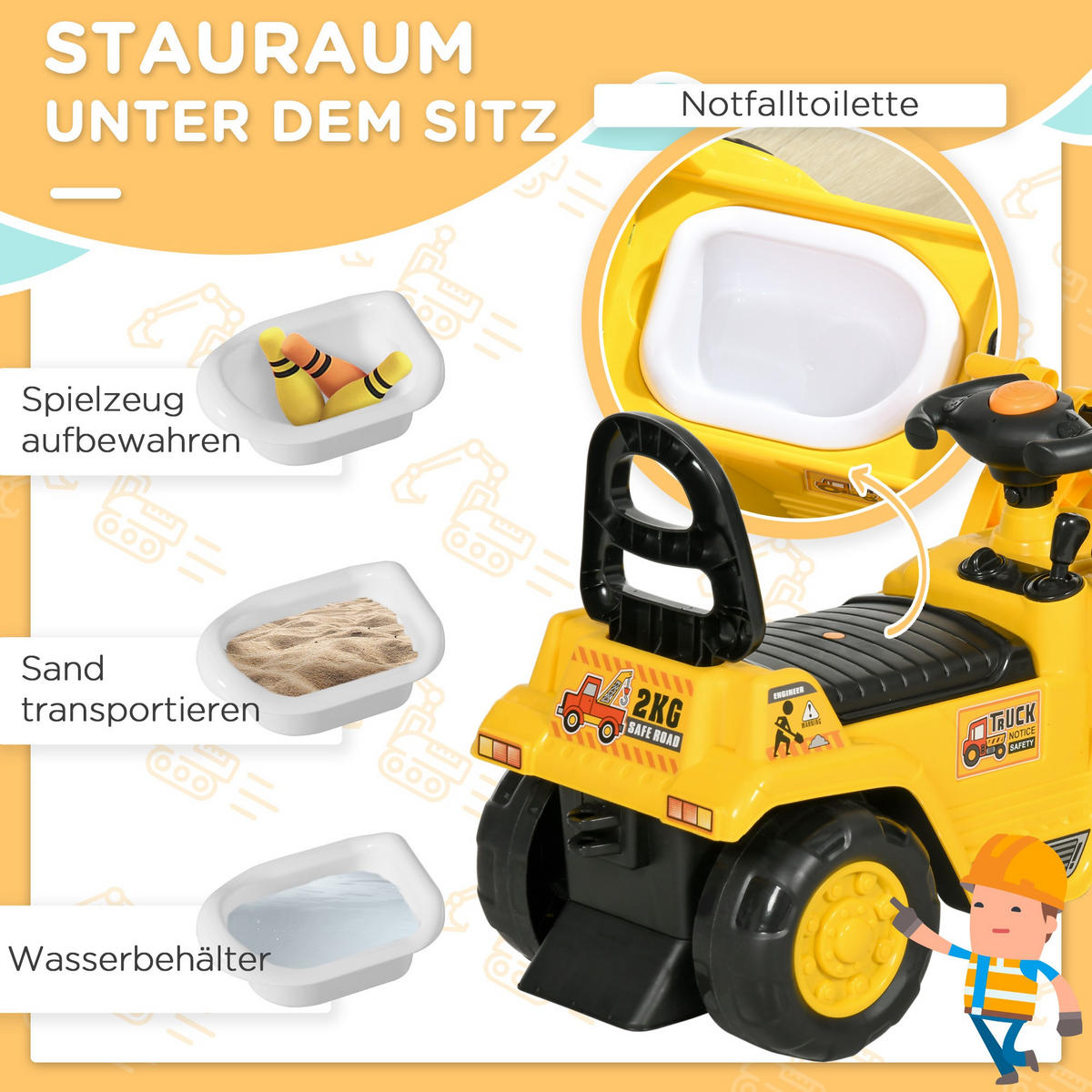 SITZBAGGER mit eingebautem Ablagefach Kinder Rutschauto traktor mit Hupe - Gelb, Kunststoff (26.5/39/80cm) - HOMCOM