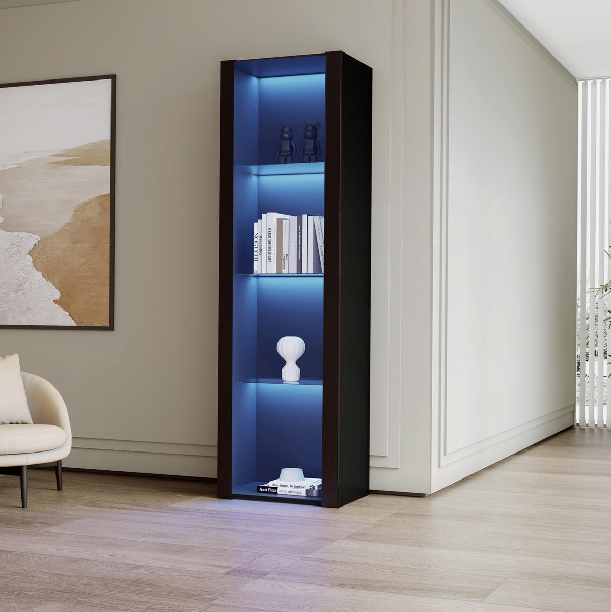 VITRINE 55/38/166 cm in Schwarz Hochglanz mit LED-Beleuchtung - Schwarz, Holzwerkstoff (55/166/38cm) - Flora Grace