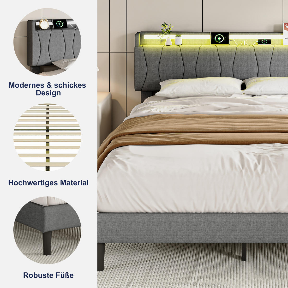 POLSTERBETT 160x200 cm mit LED & USB, Lattenrost, Grau - Grau, Metall (160/200cm)