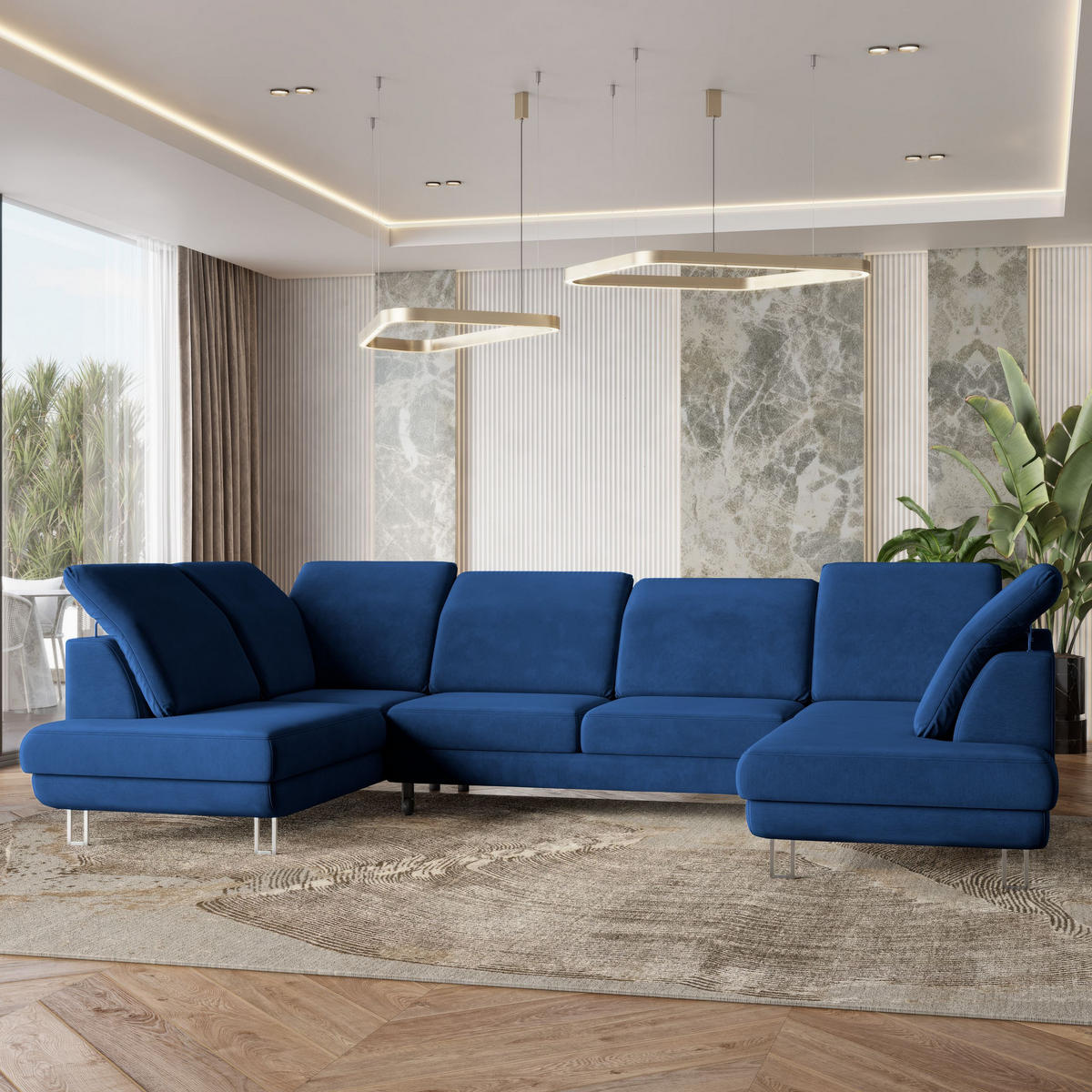 WOHNLANDSCHAFT TERAMO Blau Velours-Stoff mit Schlaffunktion - Blau, Holz (316/88/193cm) - MASSENO