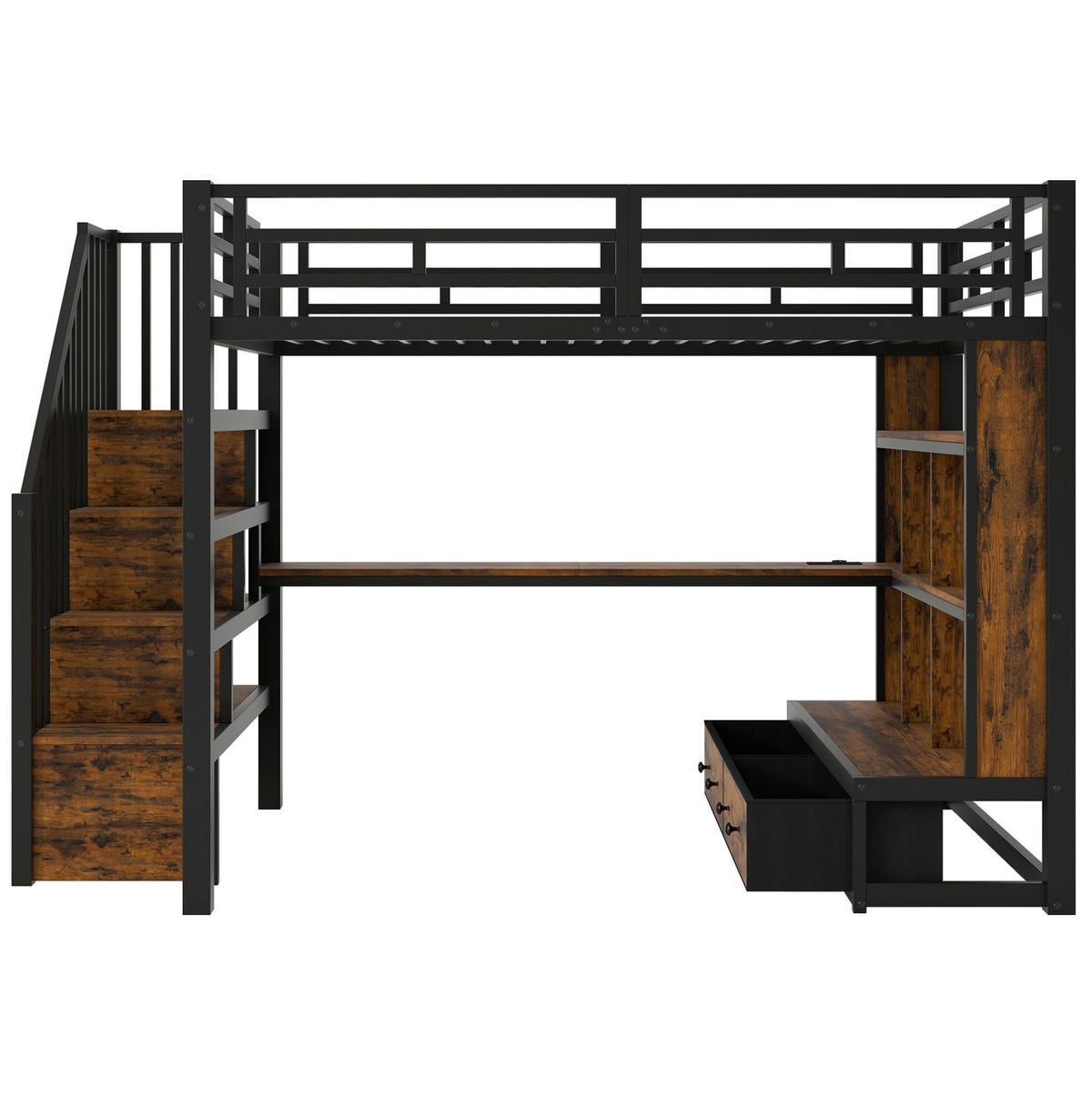 HOCHBETT 140/200 cm mit Schreibtisch, Regalen, 2 Schubladen, Stauraumtreppe und LED-Beleuchtung, Schwarz - Schwarz, Holzwerkstoff (140/200cm) - Redom
