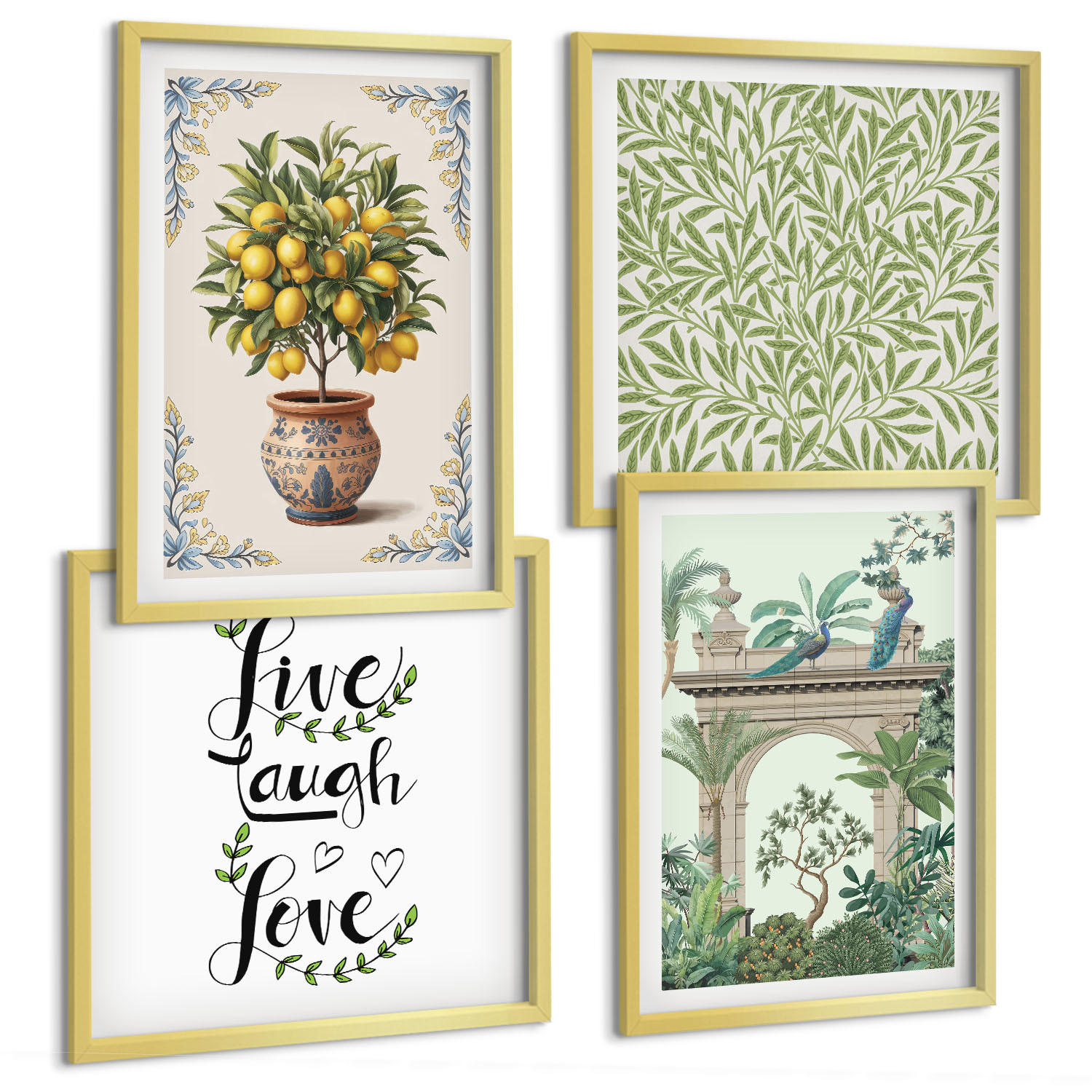 BILDER SET 4er Set - 50x50 cm & 40x60 cm Goldrahmen - Grüne Blätter exotischer Pflanzen - Goldfarben, Kunststoff (50/50cm) - TULUP