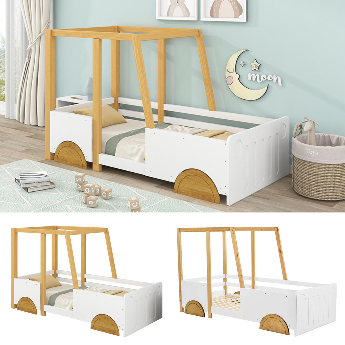 DETSKÁ posteľ 90/200 cm z borovice a MDF, biela a prírodná, v tvare auta - biela, drevo (90/200cm) - BEAOK