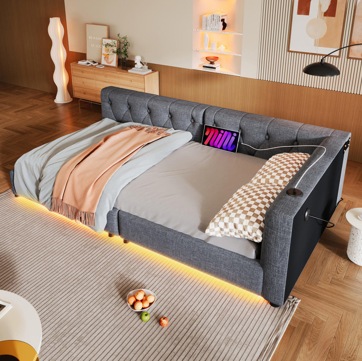 TAGESBETT 90/200 cm mit Lattenrost und USB-Anschlüssen Grau Leinen - Grau, Textil (90/200cm) - OKWISH