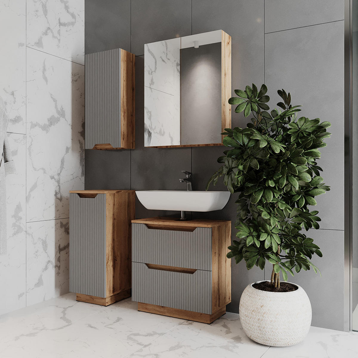 BADMÖBEL-SET Lotta Eiche/grau gestreift 4 Teile - Eichefarben/Grau, Holzwerkstoff (59.8/62.5/32cm) - Vicco