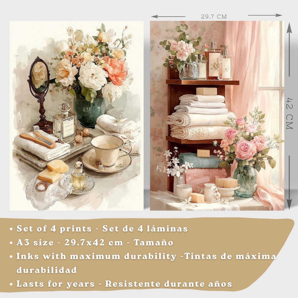 POSTER 4er-Set dekorative Badezimmerdrucke, romantischer Stil, Bilder mit Blumen, Parfums und Schminktisch, elegante, Leichter Holzrahmen A3 - Beige, Papier (42/29.7/3cm) - Nacnic