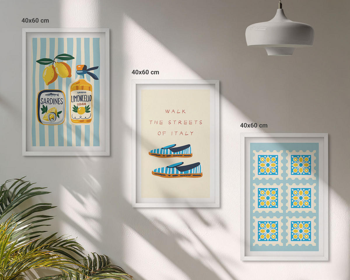 WANDBILDER 3er-Set - 40x60 cm Weißer Rahmen - Früchte, Elemente der italienischen Kultur - Weiß, Kunststoff (40/60cm) - ArtPrintCave