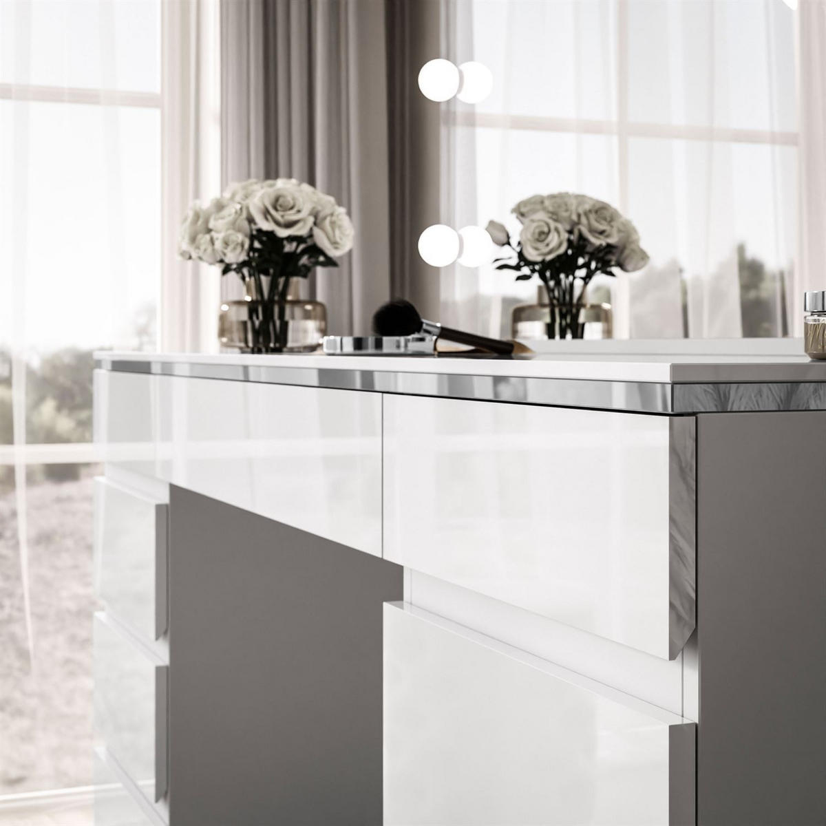 SCHMINKTISCH AURORA DOUBLE SILVER, weiß glänzend - Silberfarben/Weiß, Holzwerkstoff (156.8/79.2/55cm) - Lookway