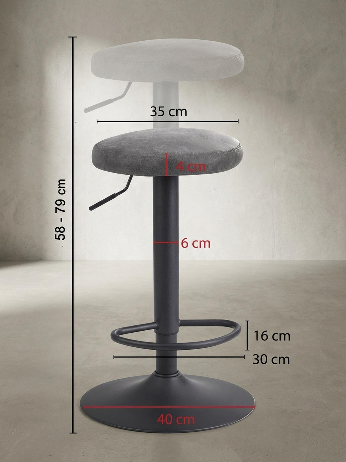 BARHOCKER Höhenverstellbar Eisen Samt Drehbar CAMPANIA, Grau 40x40x79 cm - Schwarz/Grau, Textil/Metall (40/79/40cm) - KADIMA DESIGN