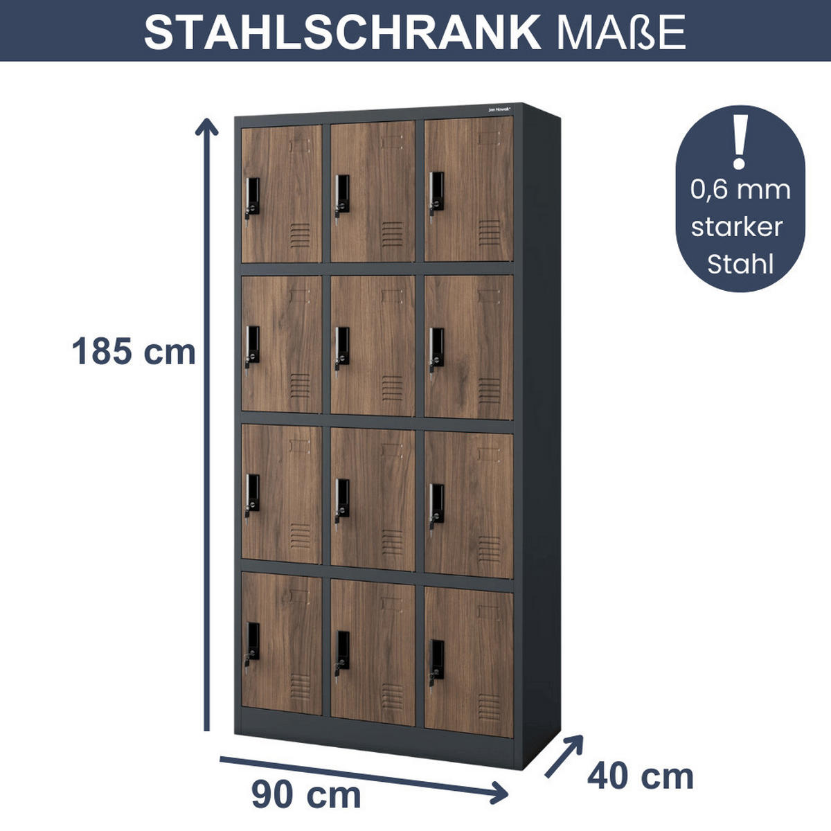 SCHLIESSFACHSCHRANK Spind BERN 12 Fächer185x90x40cm Anthrazit-Nussbaum - Anthrazit, Metall (90/185/40cm) - DELUKE
