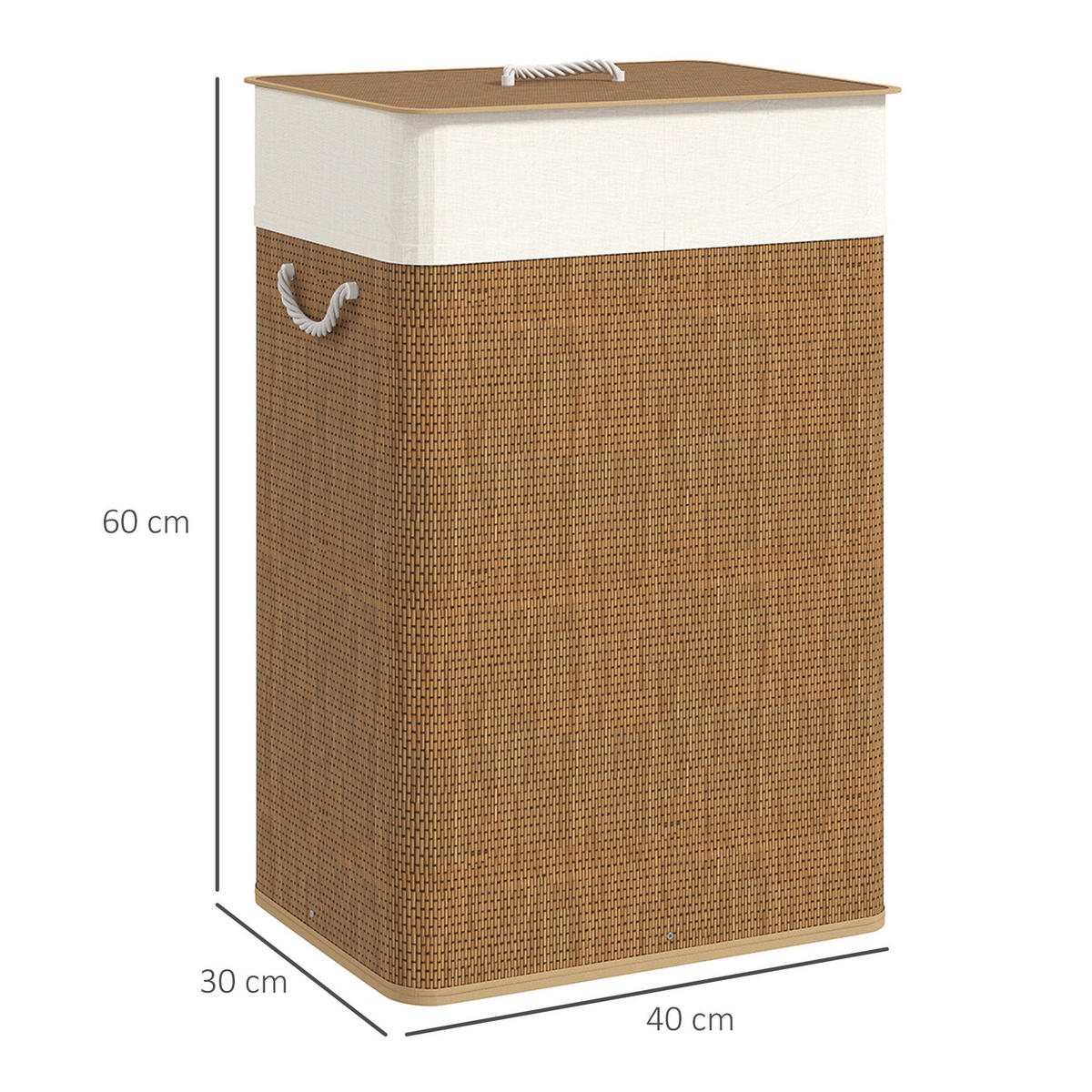 BAMBUS Wäschekorb mit Deckel 72 L Wäschesammler mit Seilgriffen Braun - Braun, Naturmaterialien (30/60/40cm) - HOMCOM