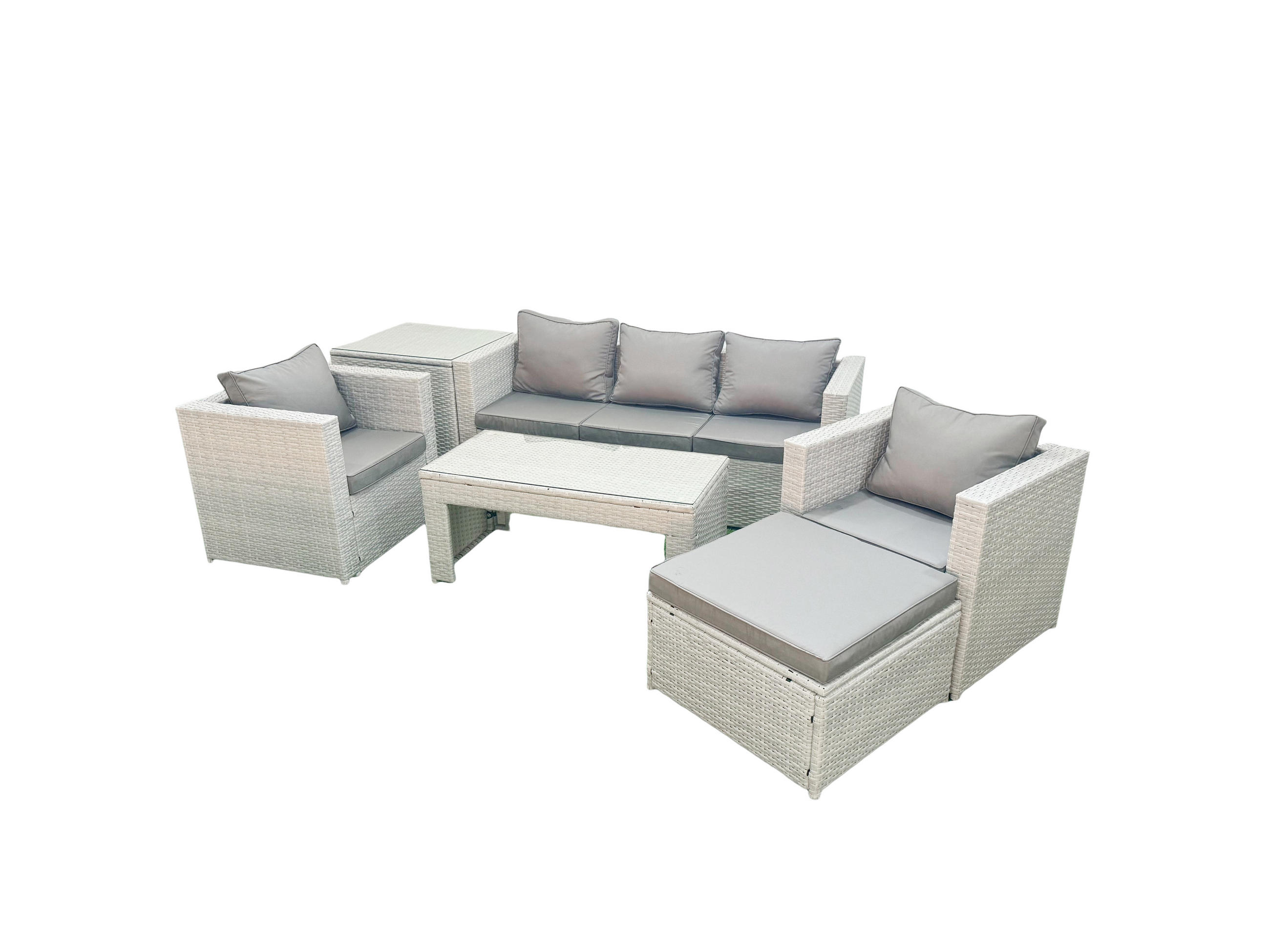 GARTENSET mit 3-SITZER SOFA,COUCHTISCH Polyrattan Hellgrau-Mix 6-Sitzer - Hellgrau/Grau, Glas/Kunststoff - Fimous