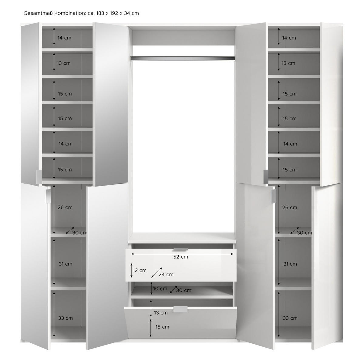 GARDEROBEN-SET Artisan Eiche 183 cm, Komplettset mit flexibler Inneneinteilung - Schwarz/Eiche Artisan, Glas/Holzwerkstoff (183/193/34cm) - Inn.Furn