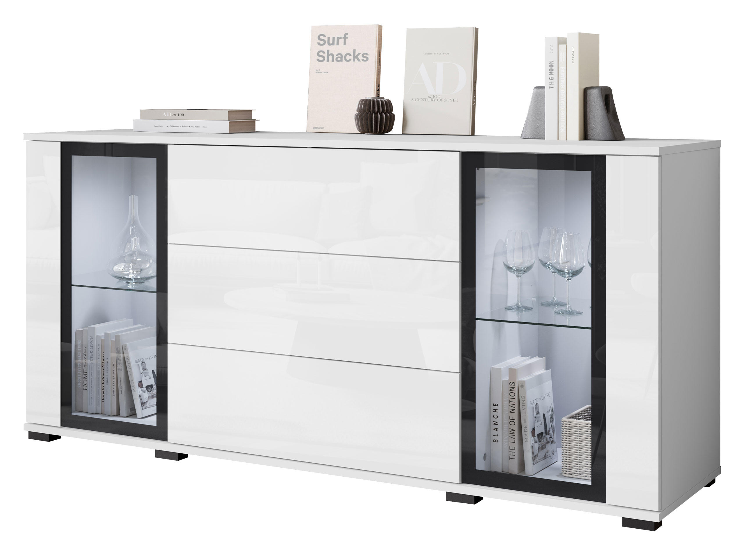 SIDEBOARD Caro SB 150 2D3S mit weißer LED Beleuchtung - Schwarz/Weiß, Holzwerkstoff/Kunststoff (150/70/40cm) - MIRJAN24
