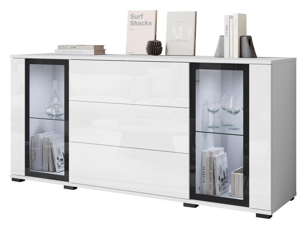 SIDEBOARD Caro SB 150 2D3S mit weißer LED Beleuchtung - Schwarz/Weiß, Holzwerkstoff/Kunststoff (150/70/40cm) - MIRJAN24
