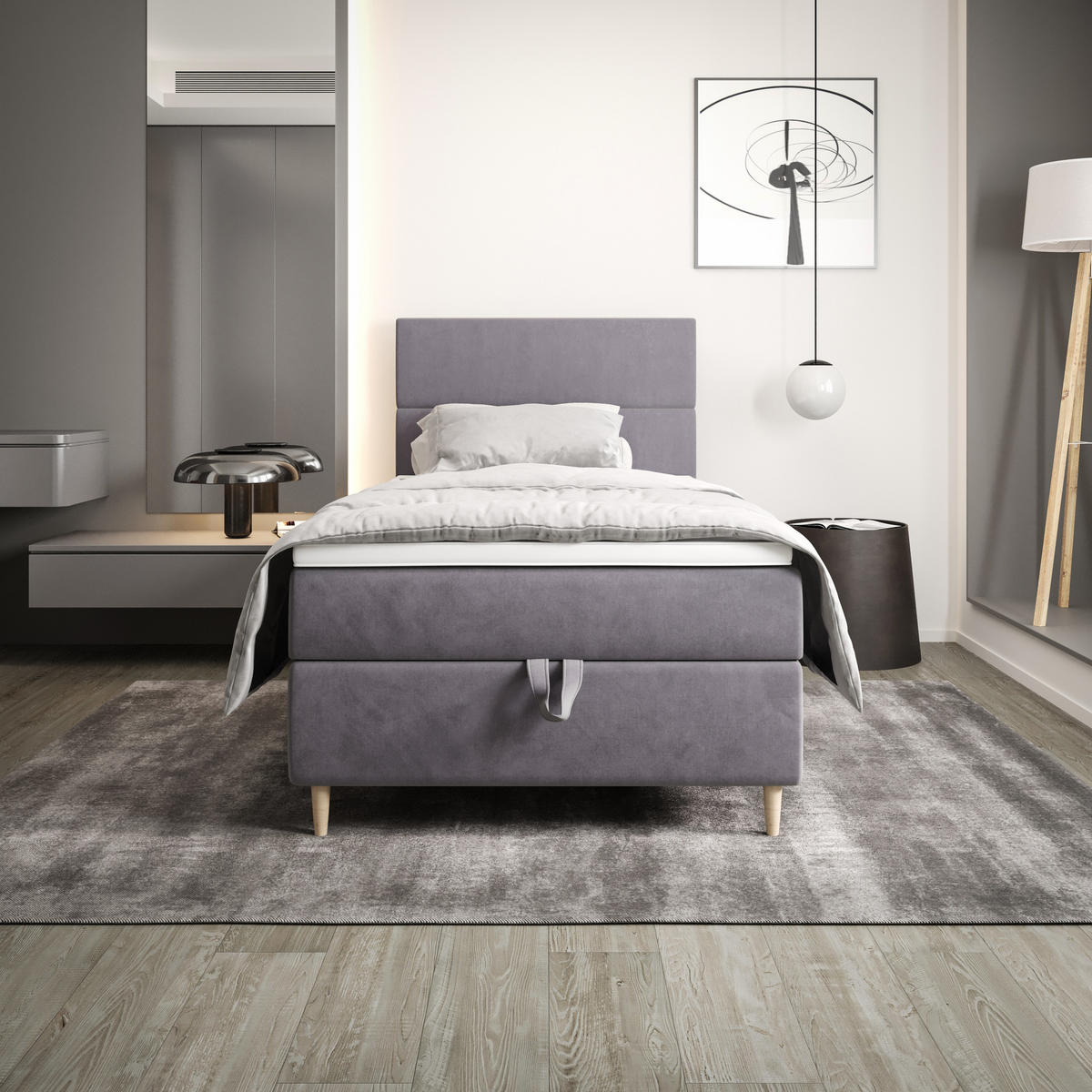 BOXBETT FLO 120x200 Itaka 50, mit Matratze H3, Bonell und Topper, Hellgrau - Hellgrau, Holz/Textil (120/200cm) - Bedante