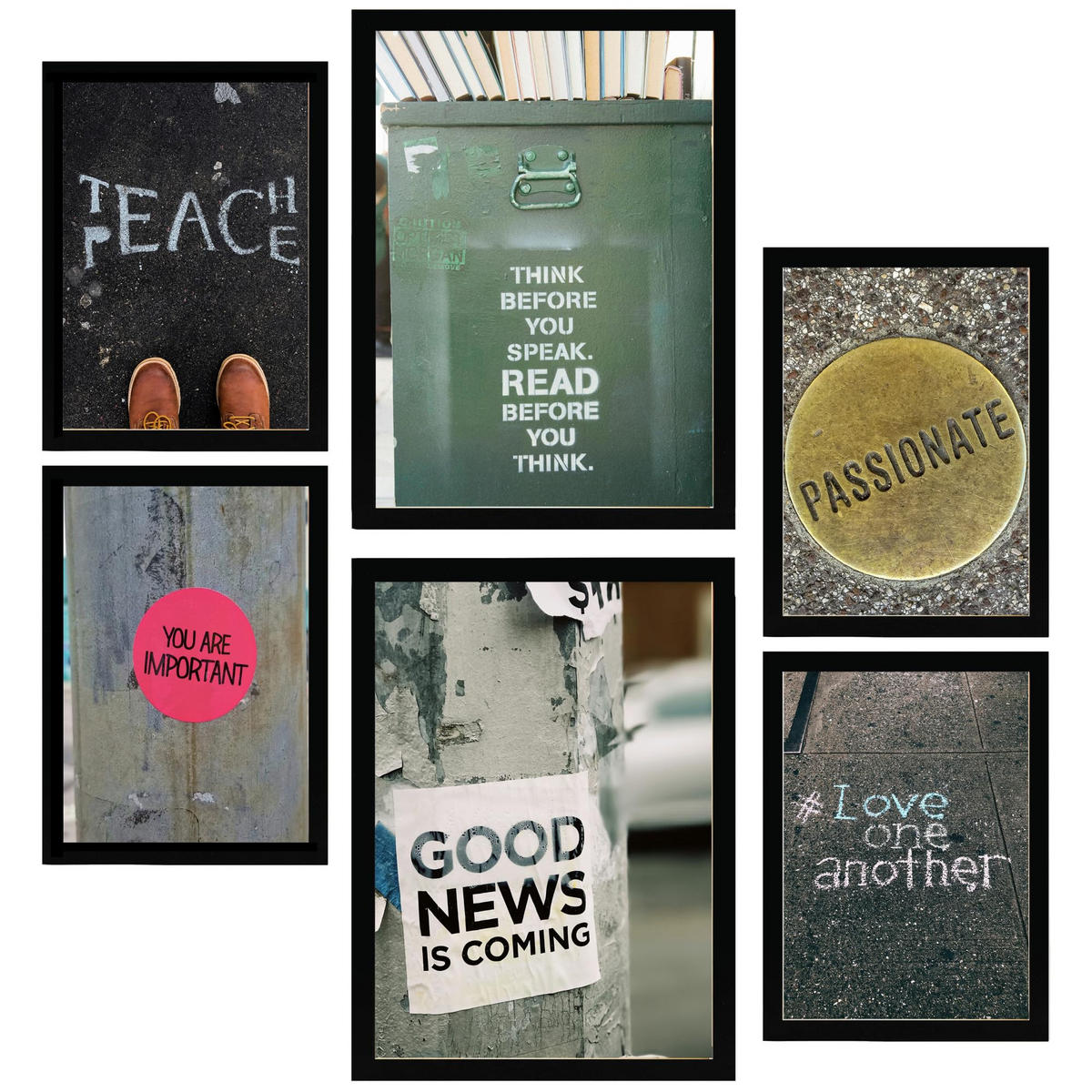 POSTER Set Mit 6 Inspirierende Straßensätze Urban Art A3 & A4 Schwarzer Rahmen - Schwarz, Papier (29/3cm) - Nacnic