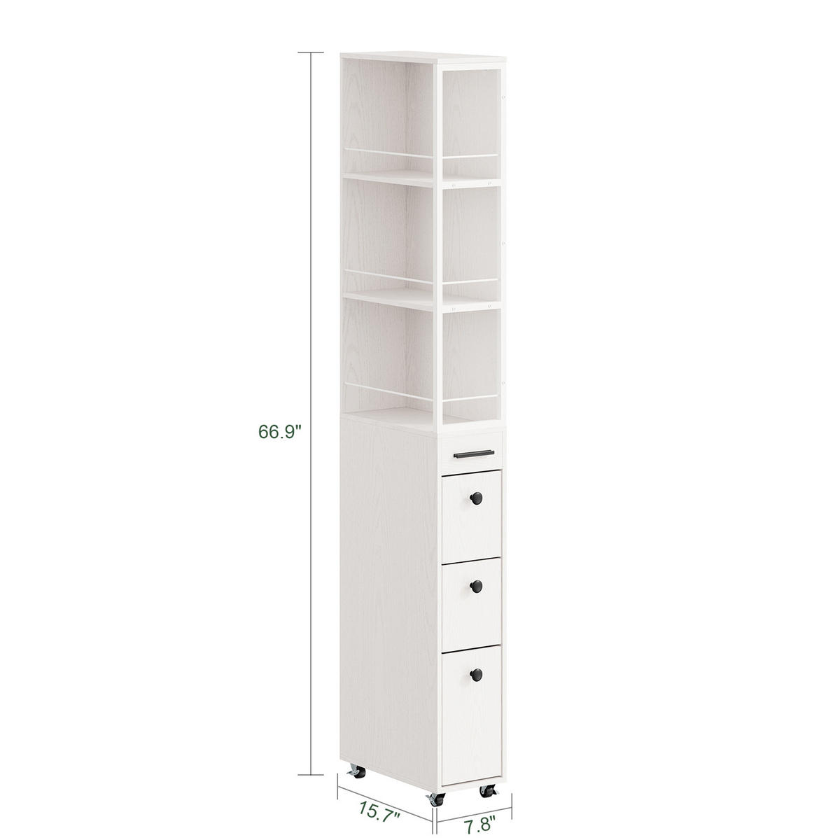 VYSOKÁ boční skříňka do koupelny s kolečky a zásuvkami - bílá, kožešina (20/170/40cm) - SoBuy