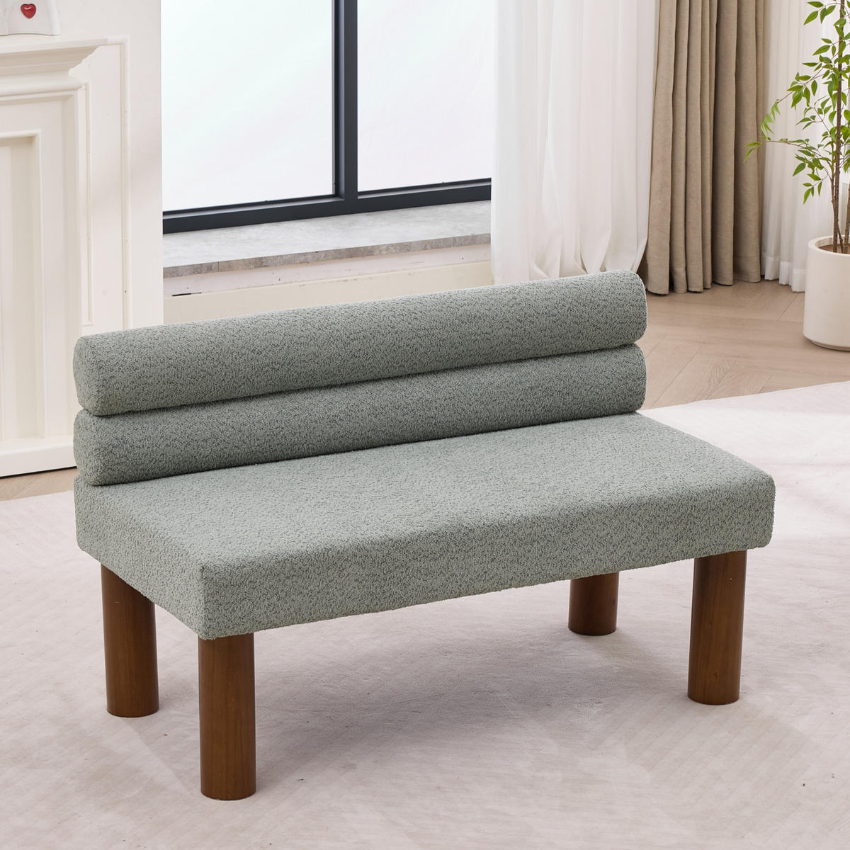 SITZBANK minimalistisch mit Bouclé-Bezug und Holzrahmen, DE-42315, Salbeigrün - Hellgrün, Holz (59/72/116cm) - ComfortXL