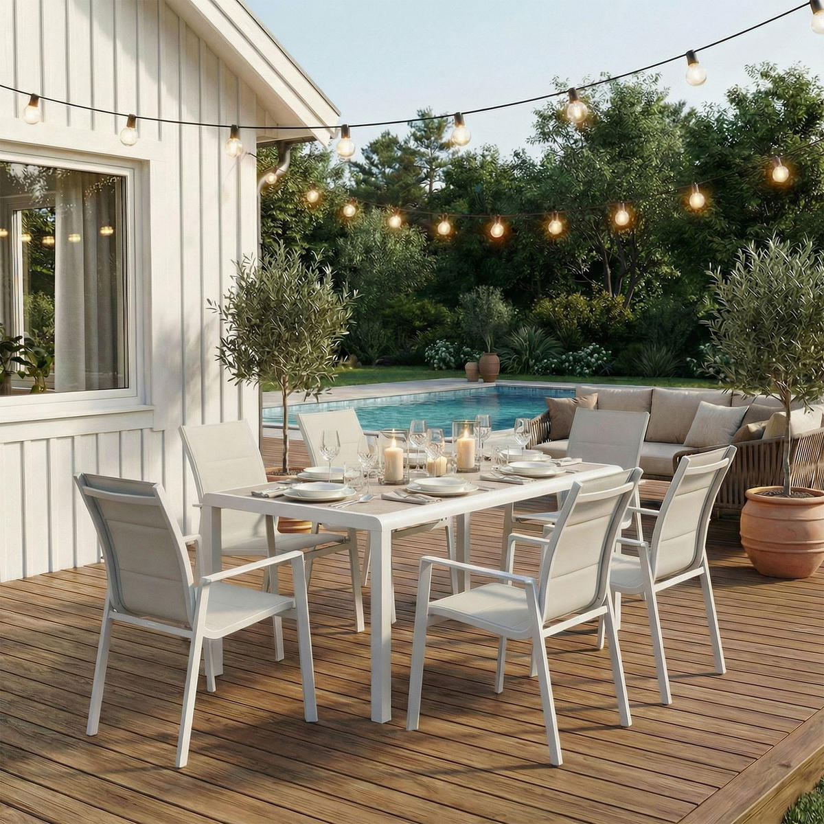 GARTENMÖBEL SET TRAPANI 7er Set grau, weiß - Grau, Glas/Metall - IDIMEX