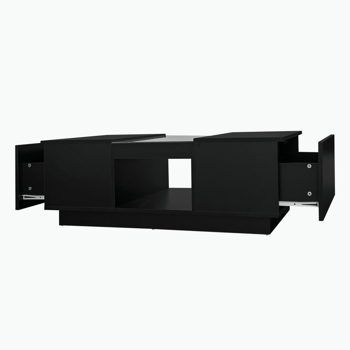 KLUB stolić s LED rasvjetom, staklom i ladicama, crni, 100/50 cm - crna, drvni materijal (100/50/35.5cm) - Flora Grace