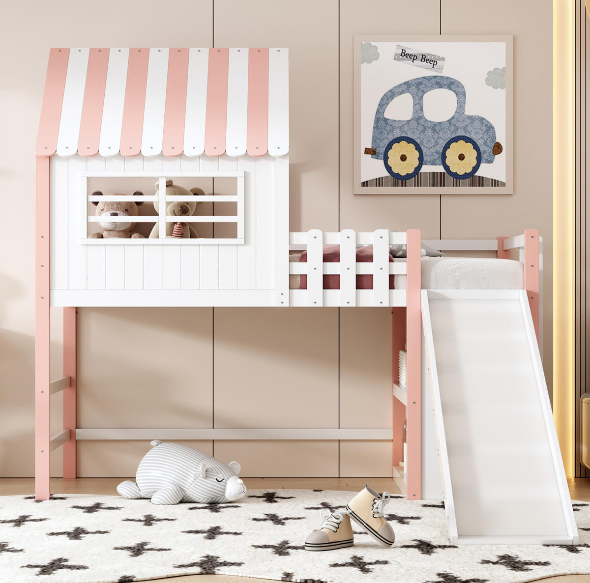 KINDERBETT 90/200 cm mit Rutsche, Leiter und Stauraum aus Holzwerkstoff mit Dachdesign, Rosa/Grün - Rosa, Holzwerkstoff (90/200cm) - Redom