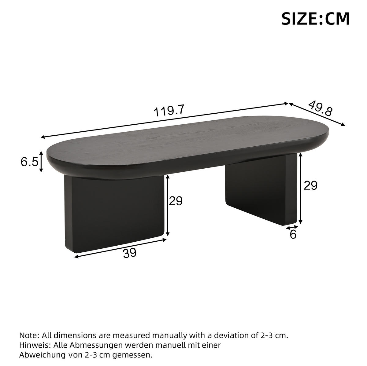 COUCHTISCH 119,7/49,8/35,5 cm Schwarz aus MDF mit ovaler Platte - Schwarz, Holzwerkstoff (49.8/119.7/35.5cm) - OKWISH