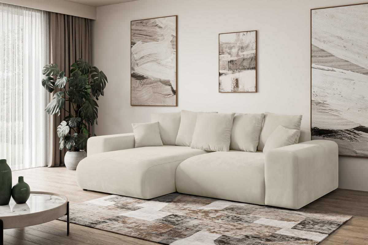 ECKSOFA mit Schlaffunktion und Bettkasten ESKAR-L 256x165x84cm Beige Velours - Beige/Schwarz, Holzwerkstoff/Kunststoff (165/256cm) - ALTDECOR