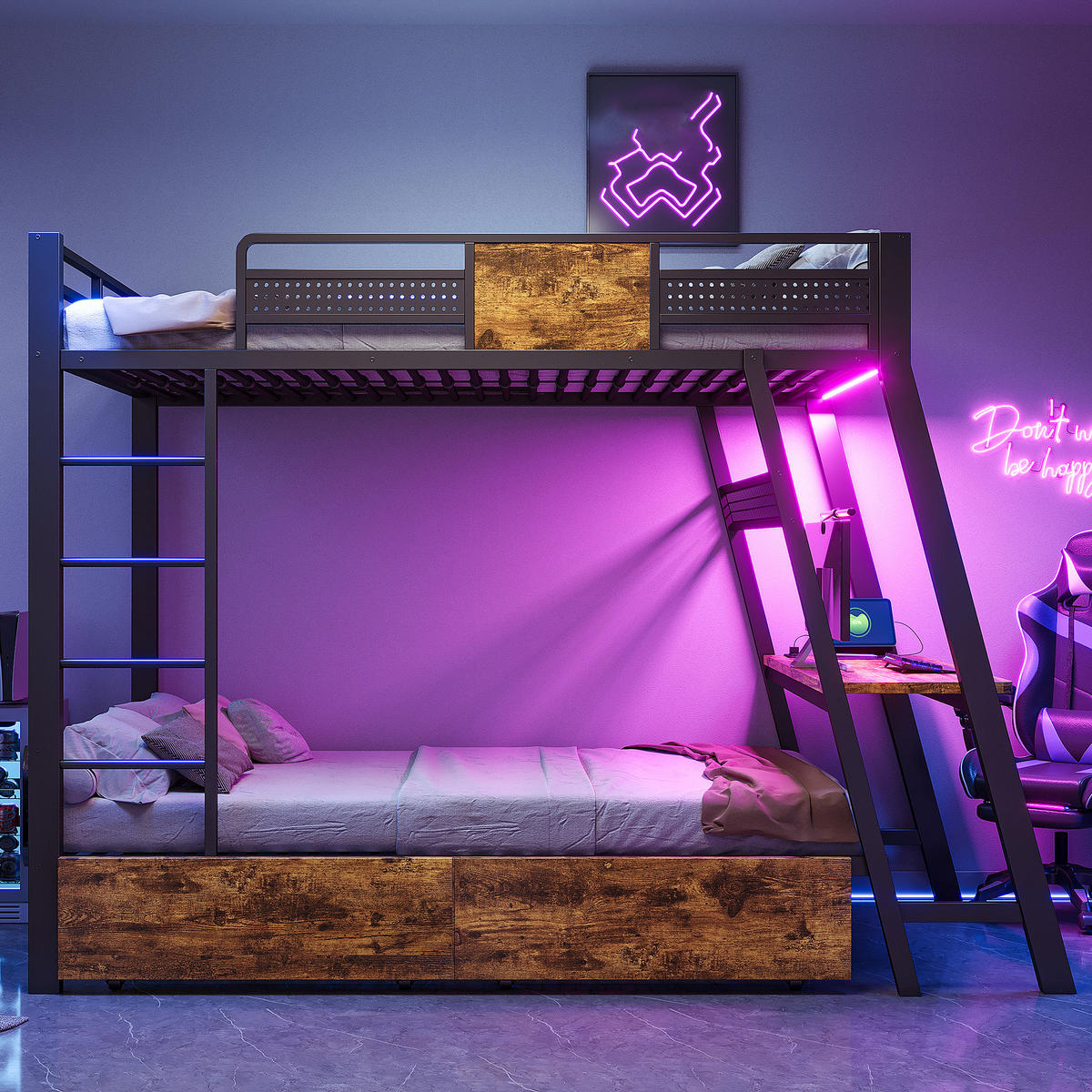 ETAGENBETT 90x200cm Metall Gaming Schreibtisch LED USB Schwarz - Schwarz, Metall (90/200cm) - FLIEKS
