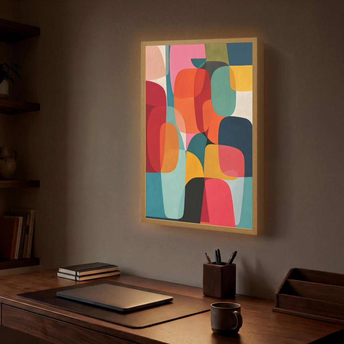 NÁSTĚNNÁ LAMPA S AKUMULÁTOREM Tvary - barevné - abstraktní - letadla 40x60 cm - různobarevná, kompozitní dřevo (40/60/8cm) - OnlyWow