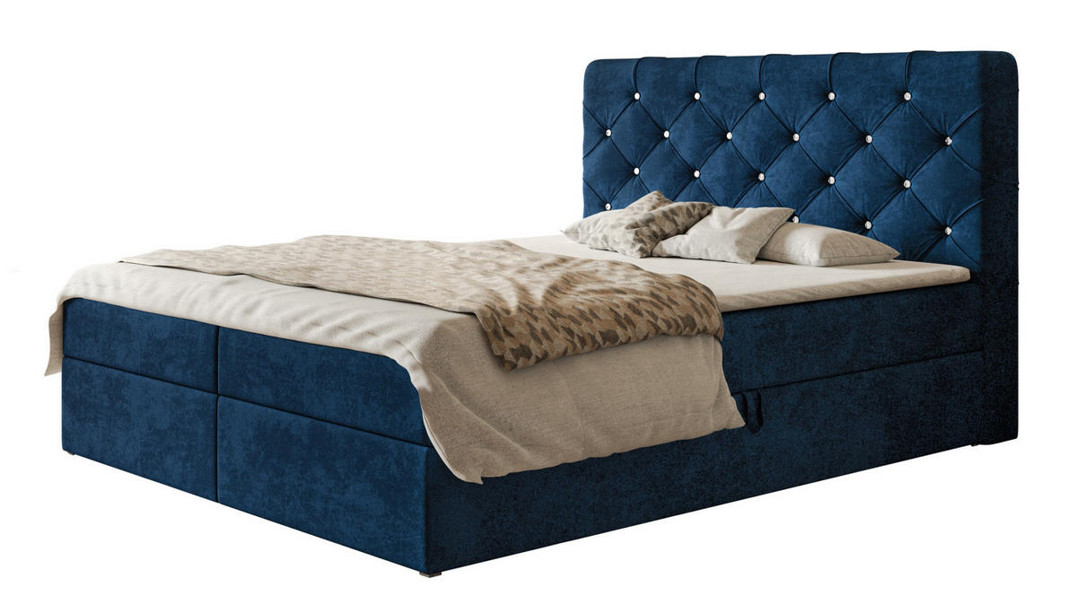 BOXBETT BOSTON mit 2 Bettkästen, 160x200, Farbe: Dunkelblau, Velourstoff, Doppelbett mit Bonell-Matratze - Dunkelblau, Holz/Kunststoff (160/200cm) - Alpi-Möbel