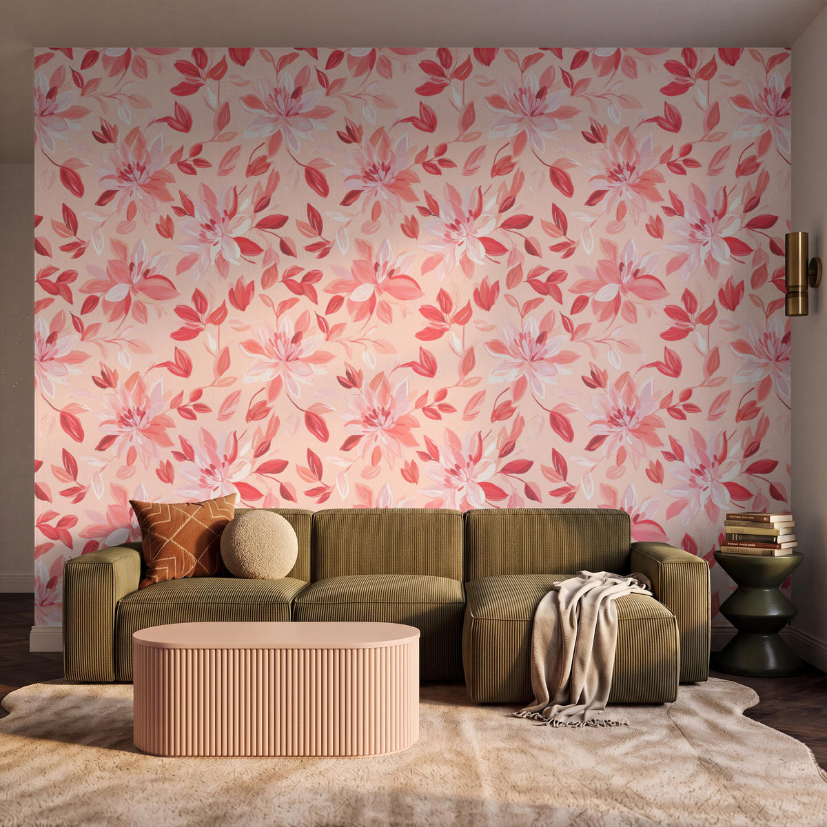 TAPETE - Botanisch - Blumen - Rot - 300x240 cm - Koralle, Papier (300/240cm) - OnlyWow