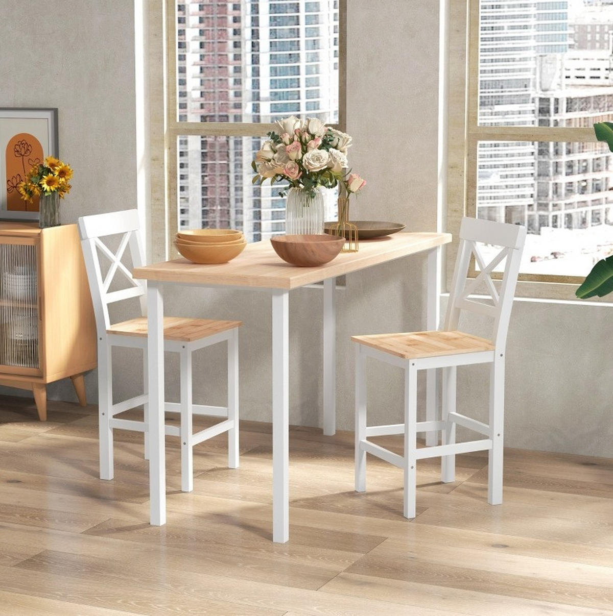 BARHOCKER 2er-Set aus massivem Kiefernholz mit Lehne und Fußstütze 41/46/97,5 cm - Naturfarben, Holz (41/97.5/46cm) - MIVRAY