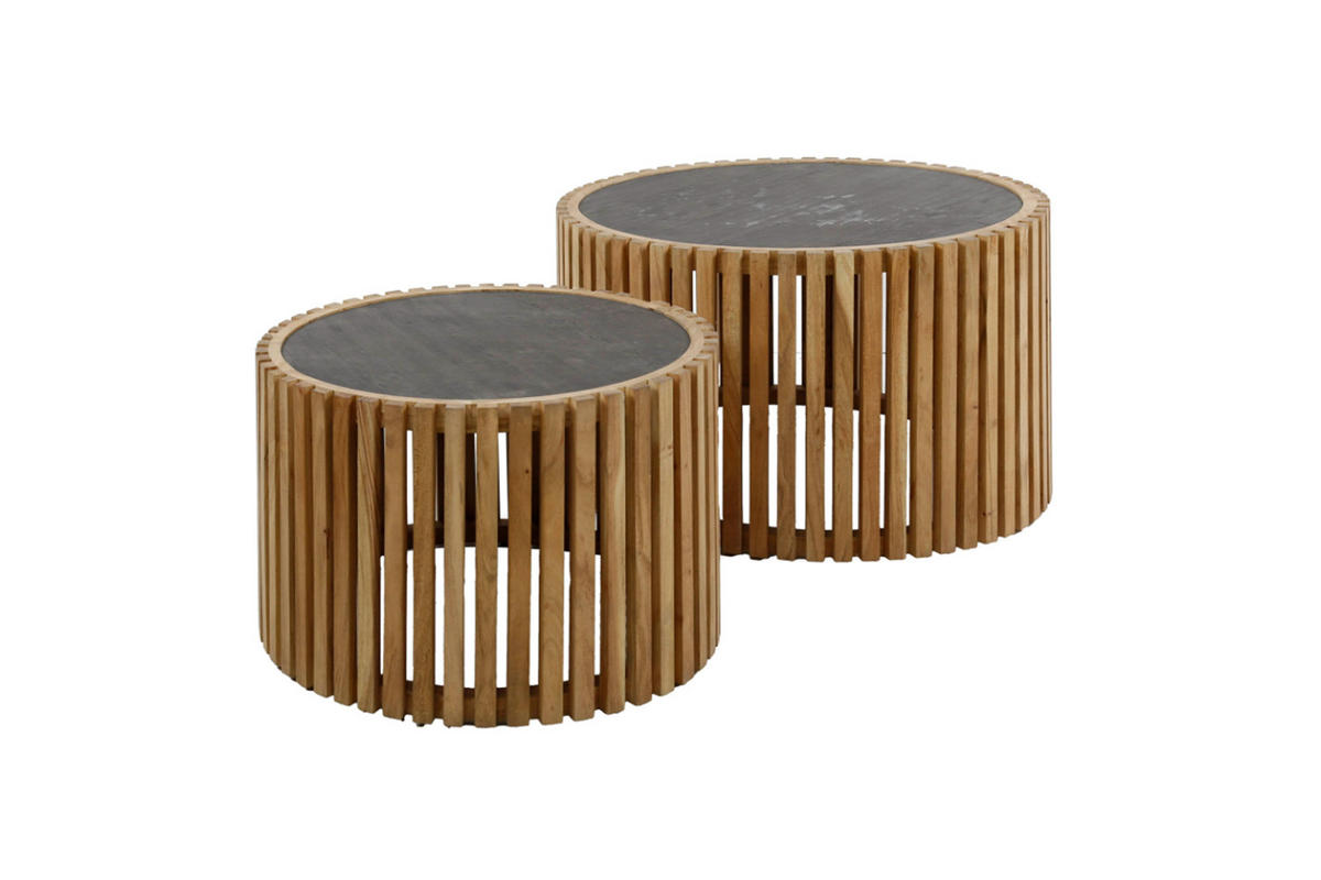 COUCHTISCH-SET PINE Schwarz Stein - Schwarz/Braun, Akazienholz/Stein (68/68/40cm) - KAWOLA