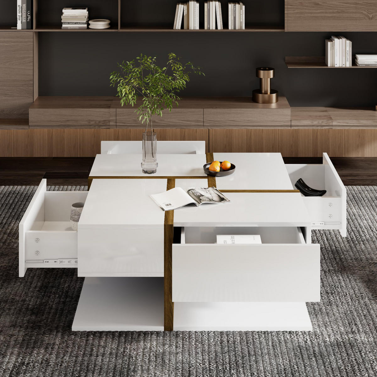 COUCHTISCH, Hochglanz weiß mit 4 Schubladen und Ablage, 78/78/34,8 cm, Weiß und Naturfarben - Naturfarben, Holzwerkstoff (78/78/34.8cm) - Redom