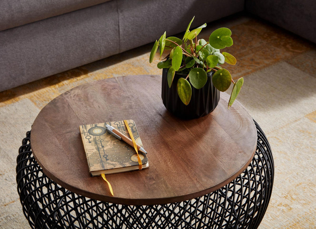 COUCHTISCH Rund mit Stauraum, Holz-Metallgestell, Mango-Massivholz, Schwarz 60x60x45 cm - Schwarz, Holz/Metall (60/60/45cm) - KADIMA DESIGN