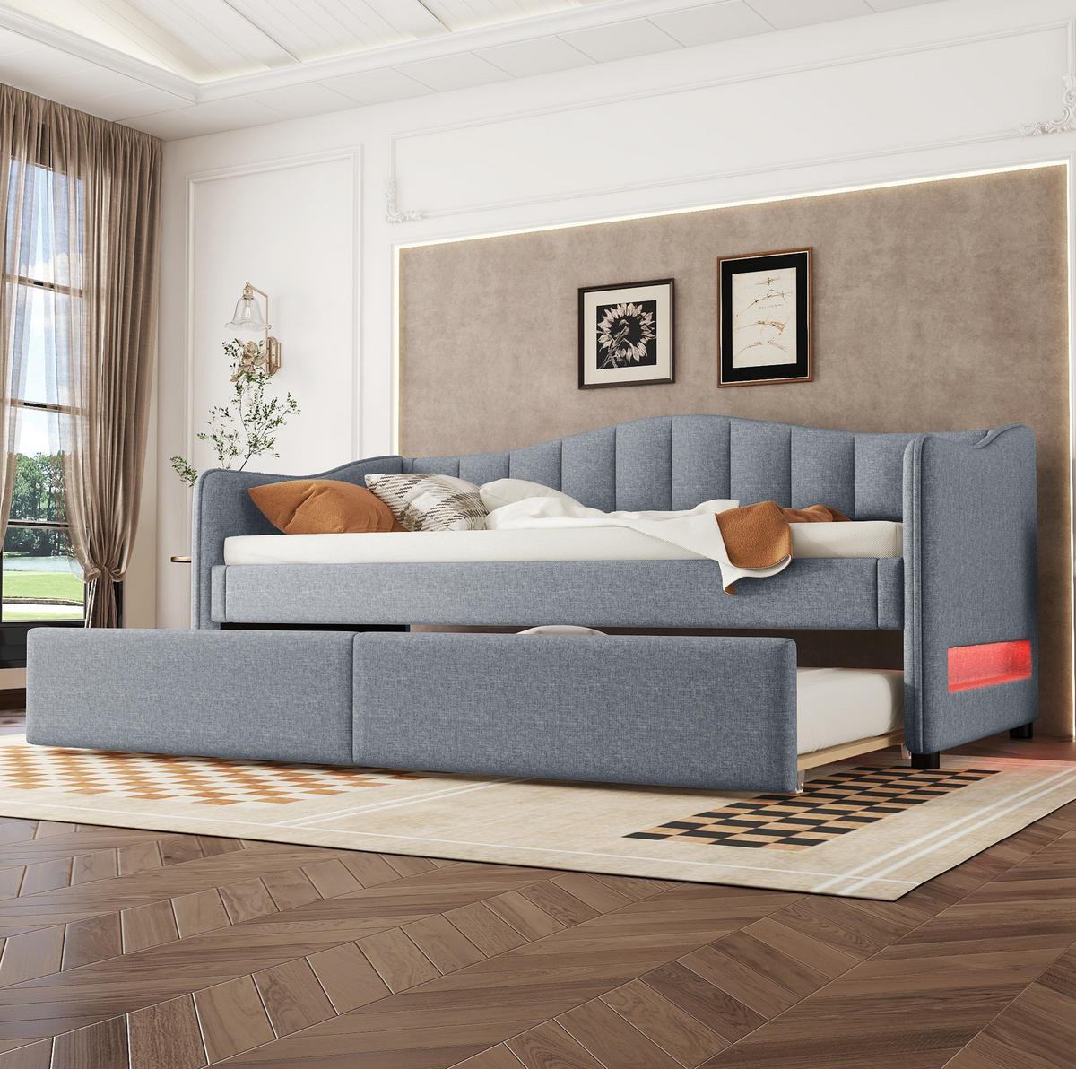POLSTERBETT 90/200 cm Grau mit Ausziehbett und LED-Beleuchtung aus Leinen und MDF - Grau, Textil (90/200cm) - OKWISH